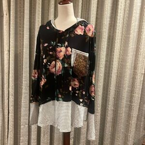 Plus Size 7th Ray Super Cute Floral and Black Striped Top